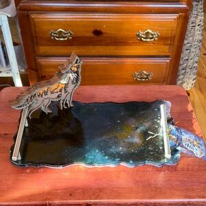 Celestial Howling Wolf Decorative Acrylic Tray with Carved Woodland Details